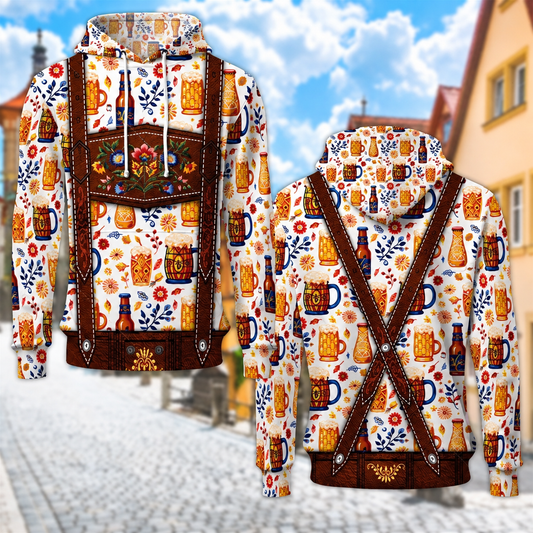 Oktoberfest-hoodie herr med hängslentryck, beige
