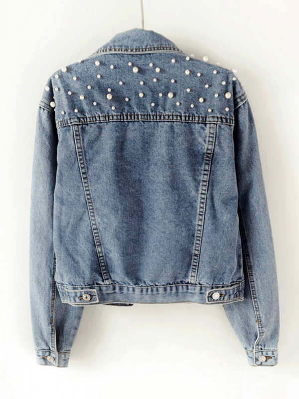 Denimjacka dam med slagkrage och knäppta fickor