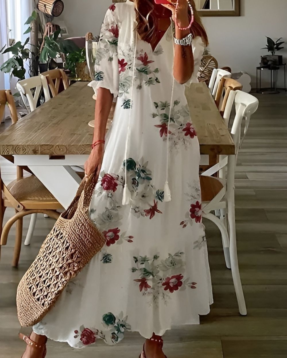 Bohemisk maxiklänning dam med tassel-detaljer