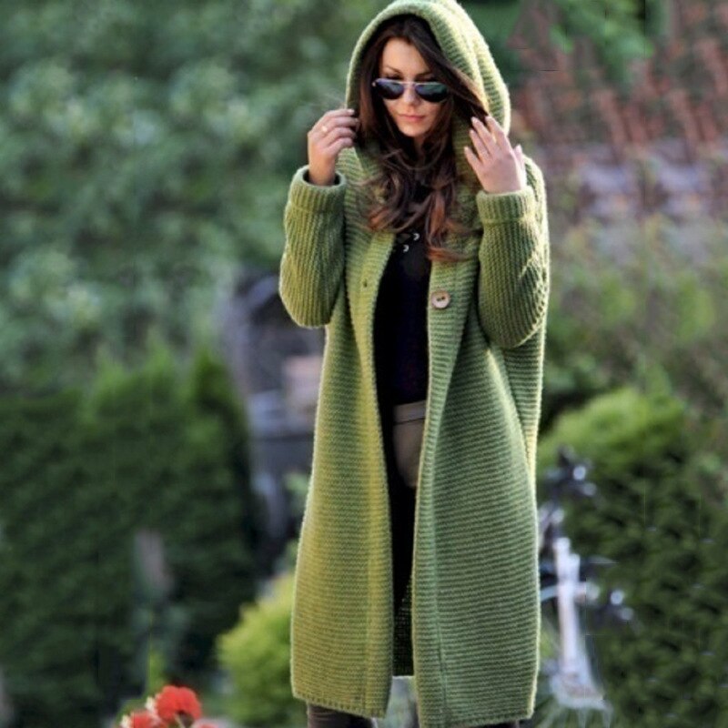 Stickad cardigan dam med kapuschong i bomull-polyester