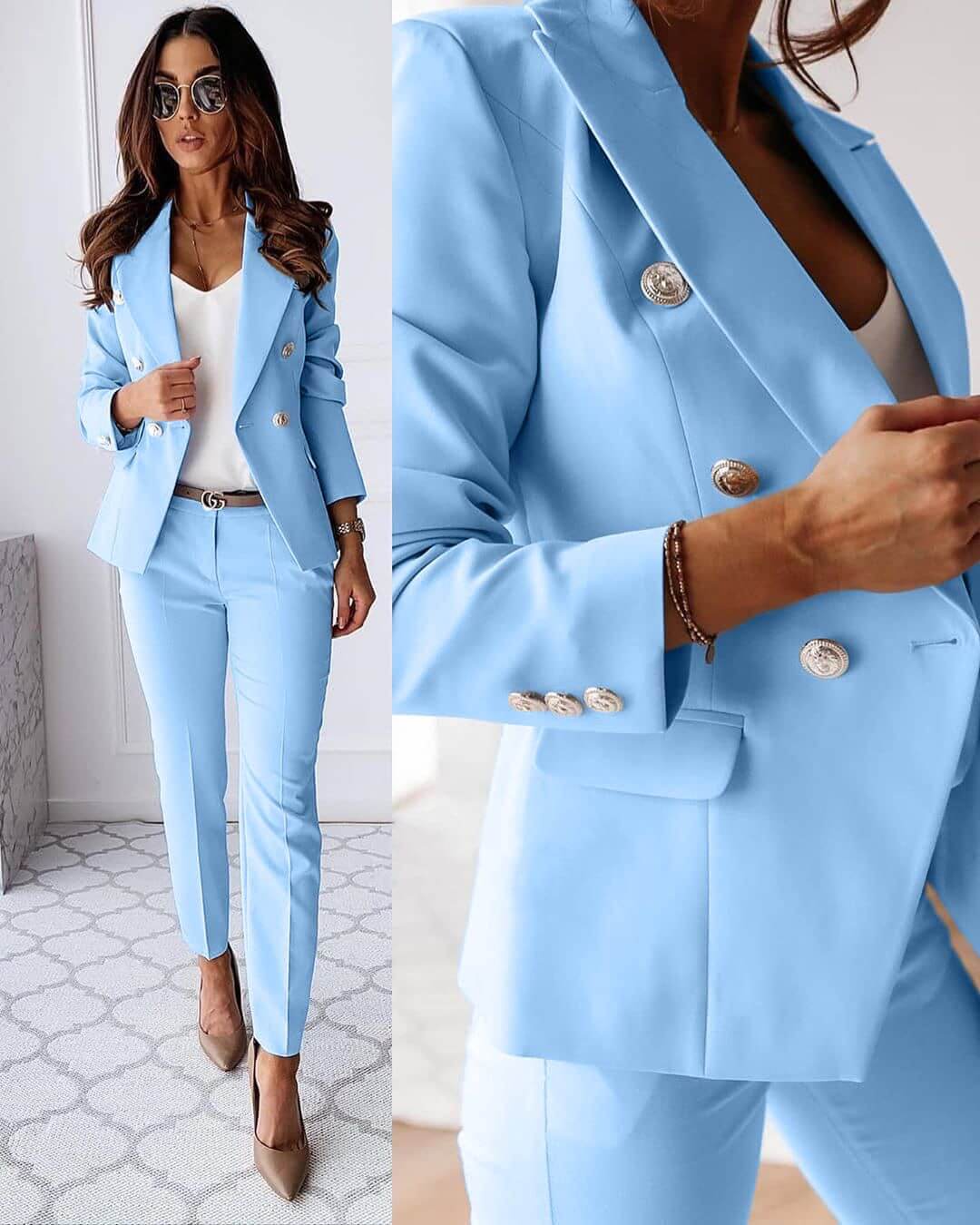 Kavaj och byxor set dam i polyester – elegant kostymset med figursydda byxor