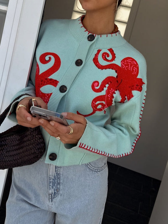 Stickad cardigan dam med bläckfisk-motiv