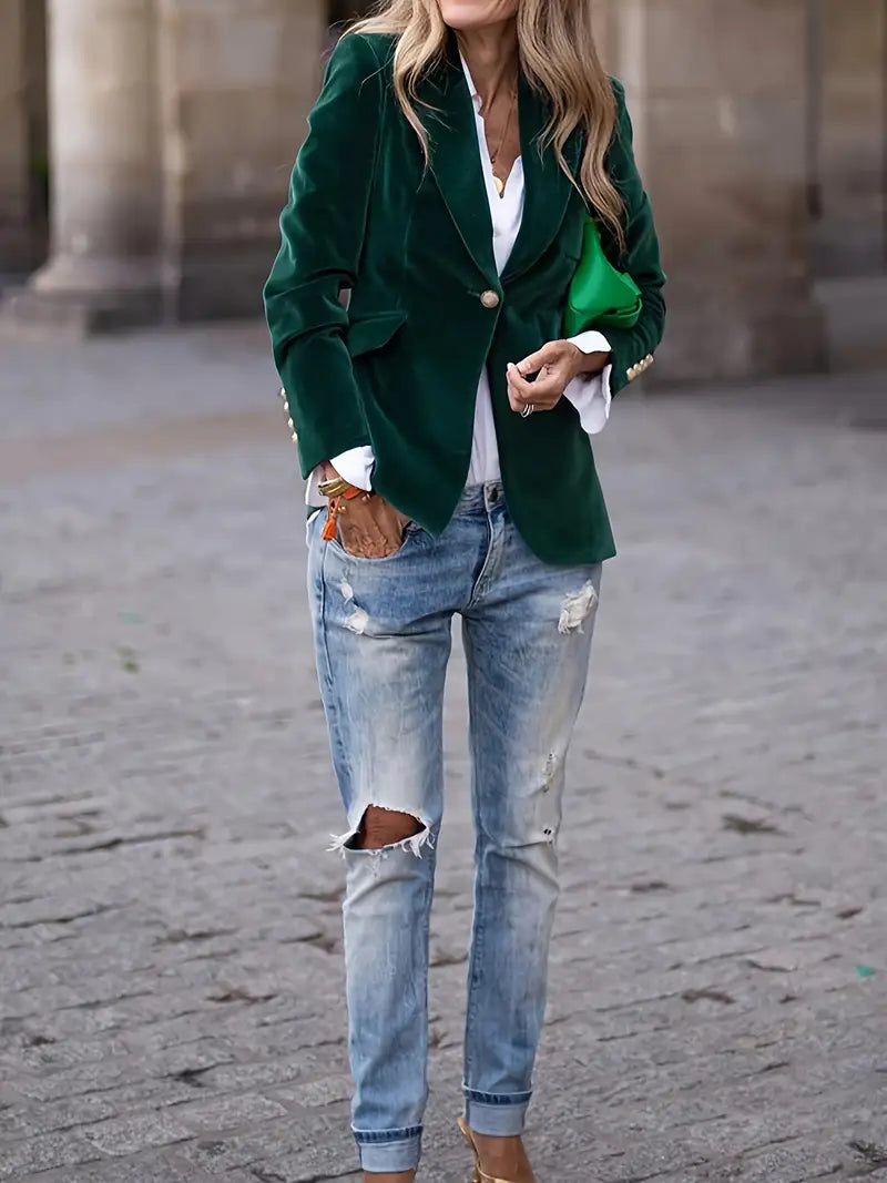 Skräddarsydd blazer dam i polyester – klassisk kavaj med revers och en knapp