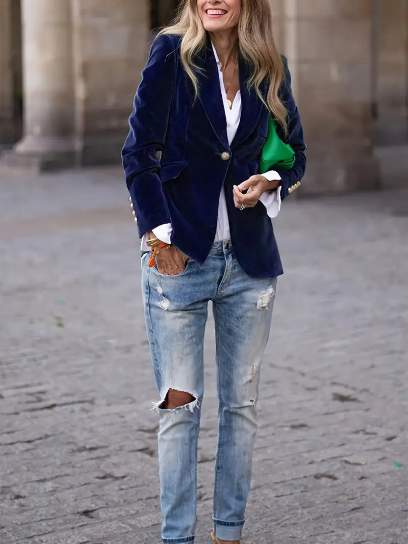 Skräddarsydd blazer dam i polyester – klassisk kavaj med revers och en knapp