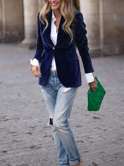 Skräddarsydd blazer dam i polyester – klassisk kavaj med revers och en knapp