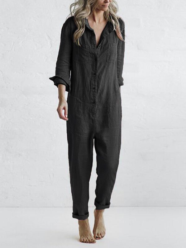 Långärmad jumpsuit dam i bomull med knappslå