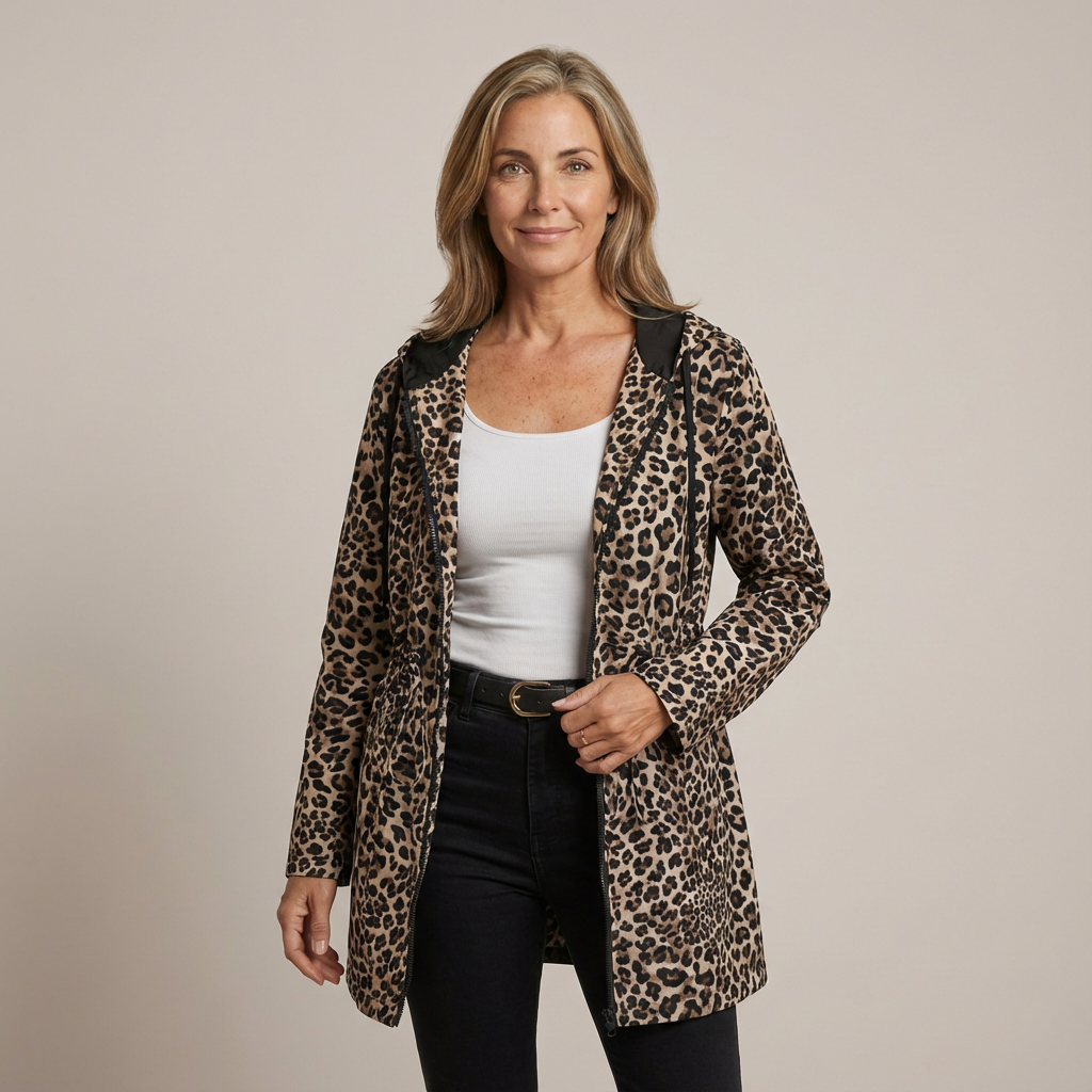 Vändbar kappa med huva i leopardmönster