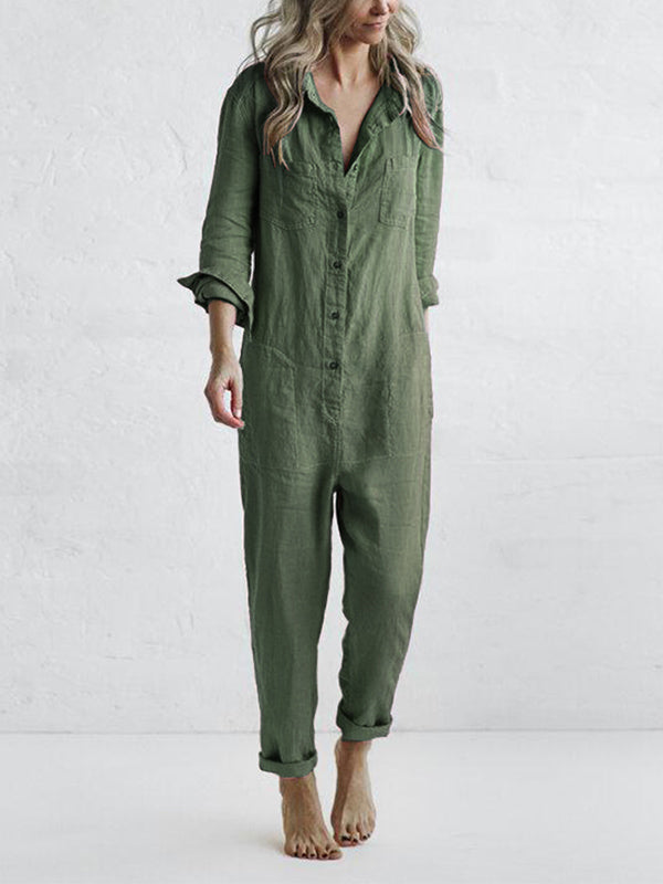 Långärmad jumpsuit dam i bomull med knappslå