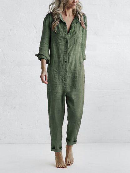 Långärmad jumpsuit dam i bomull med knappslå