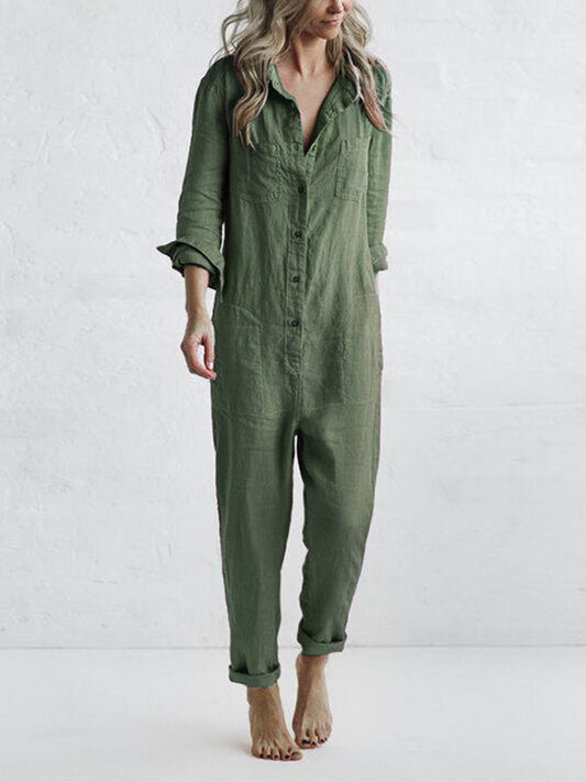 Långärmad jumpsuit dam i bomull med knappslå