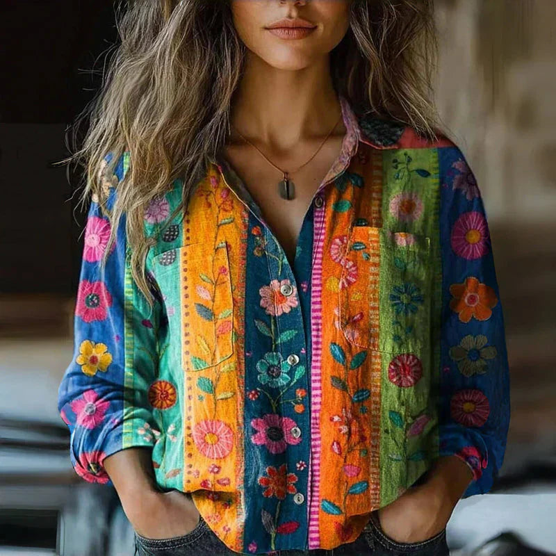 Bohemisk vintage-blus dam med blommönster