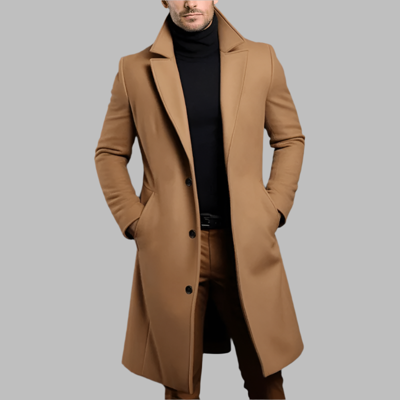 Värmande lång kappa herr i ullmix för vinter