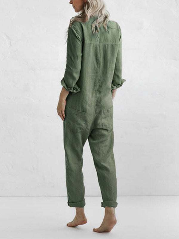 Långärmad jumpsuit dam i bomull med knappslå