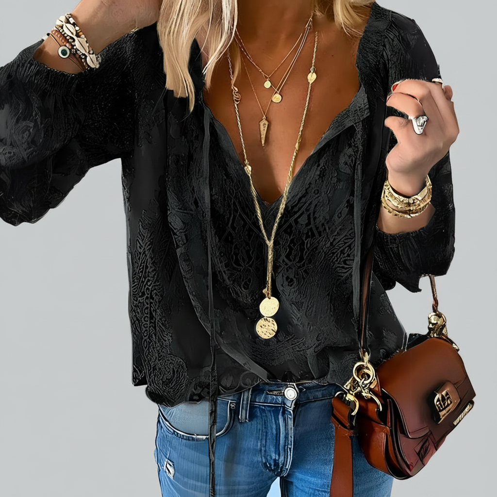 Boho blus dam med v-ringning och spetsdetaljer