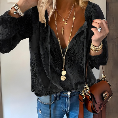 Boho blus dam med v-ringning och spetsdetaljer