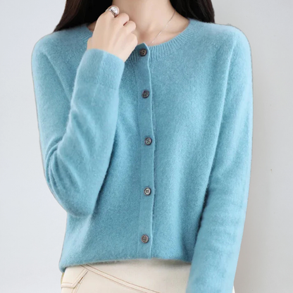 Stickad kofta i akryl — mjuk cardigan för vardag och kontor