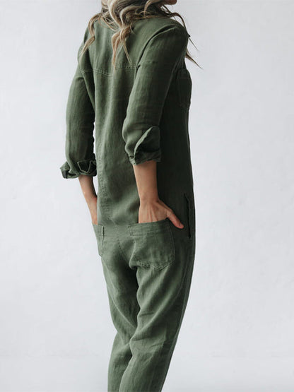 Långärmad jumpsuit dam i bomull med knappslå