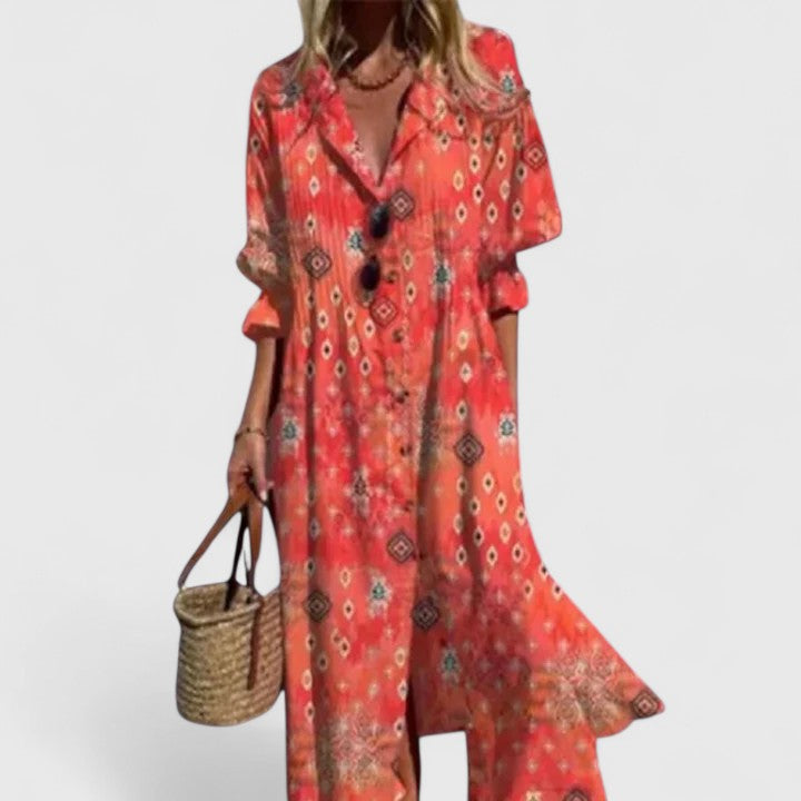 Boho klänning dam i polyester med bohemisk print