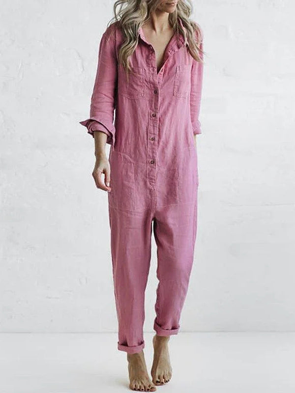 Långärmad jumpsuit dam i bomull med knappslå