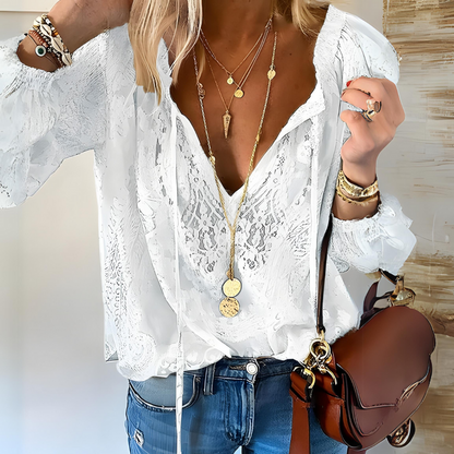 Boho blus dam med v-ringning och spetsdetaljer