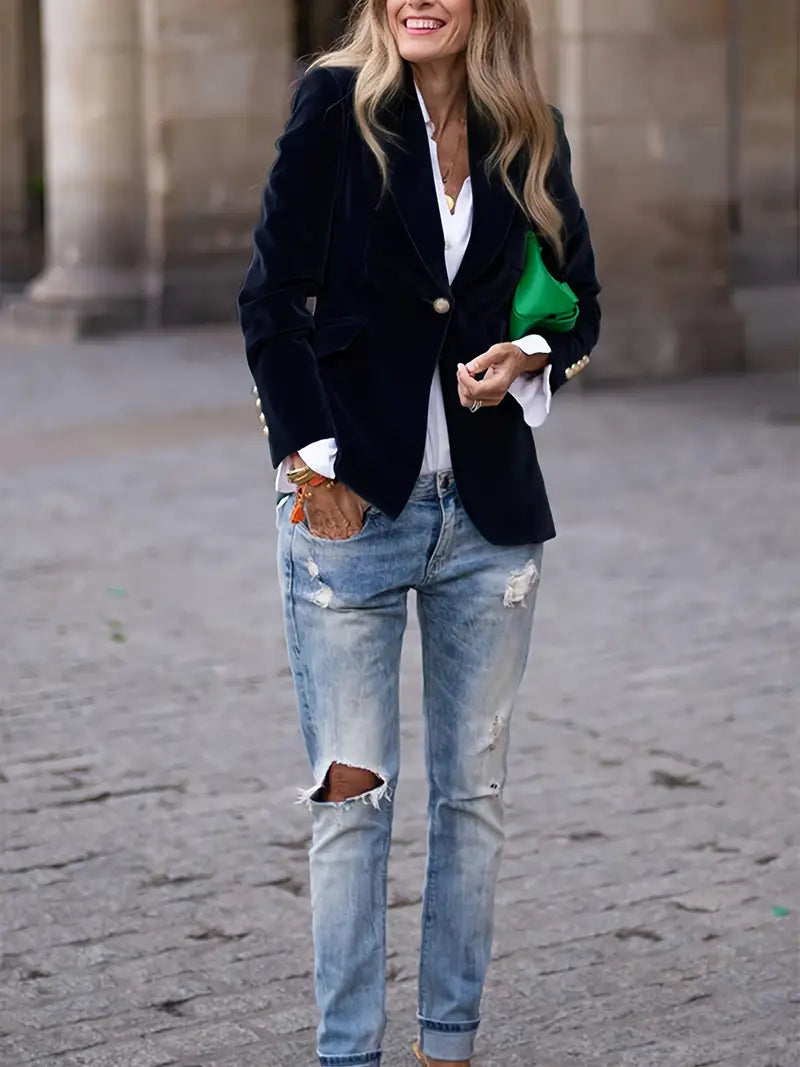Skräddarsydd blazer dam i polyester – klassisk kavaj med revers och en knapp