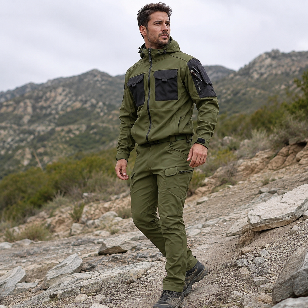 Outdoor-set herr, softshell — vind- och vattentät jacka och byxa