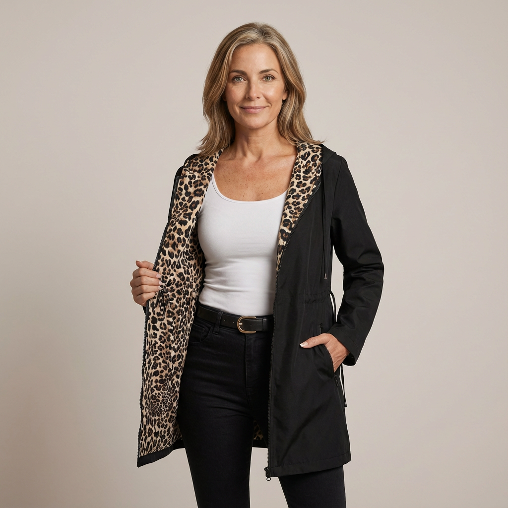 Vändbar kappa med huva i leopardmönster