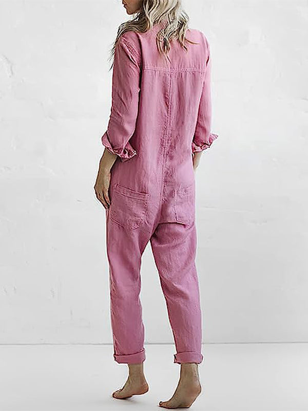 Långärmad jumpsuit dam i bomull med knappslå