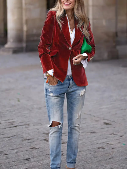 Skräddarsydd blazer dam i polyester – klassisk kavaj med revers och en knapp