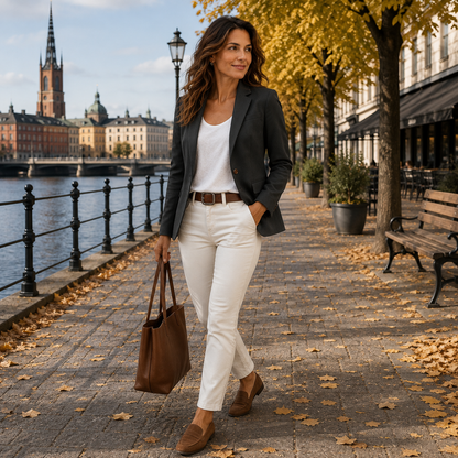 Blazer dam, klassisk — kontorsblazer i linne med revers och en knapp