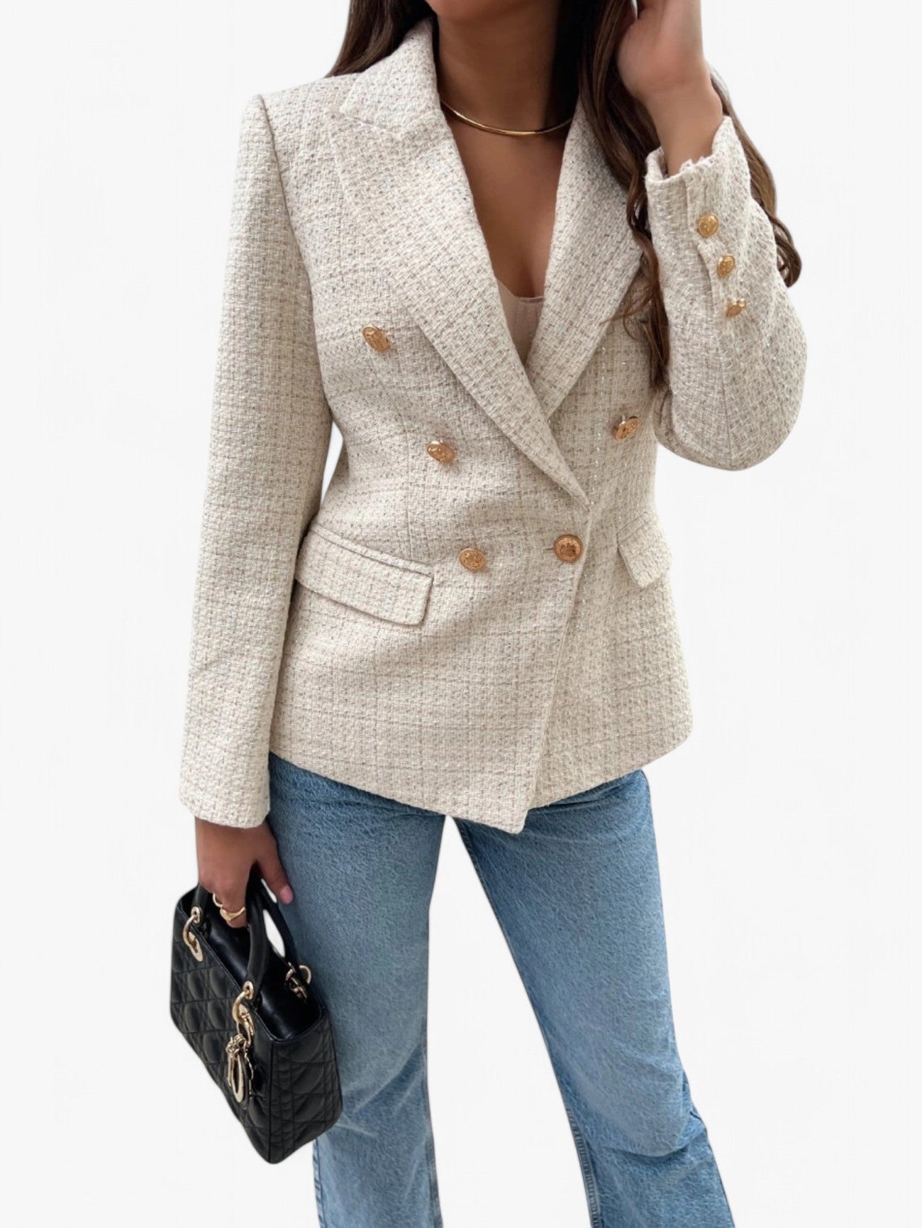 Figursydd tweedblazer dam med guldknappar