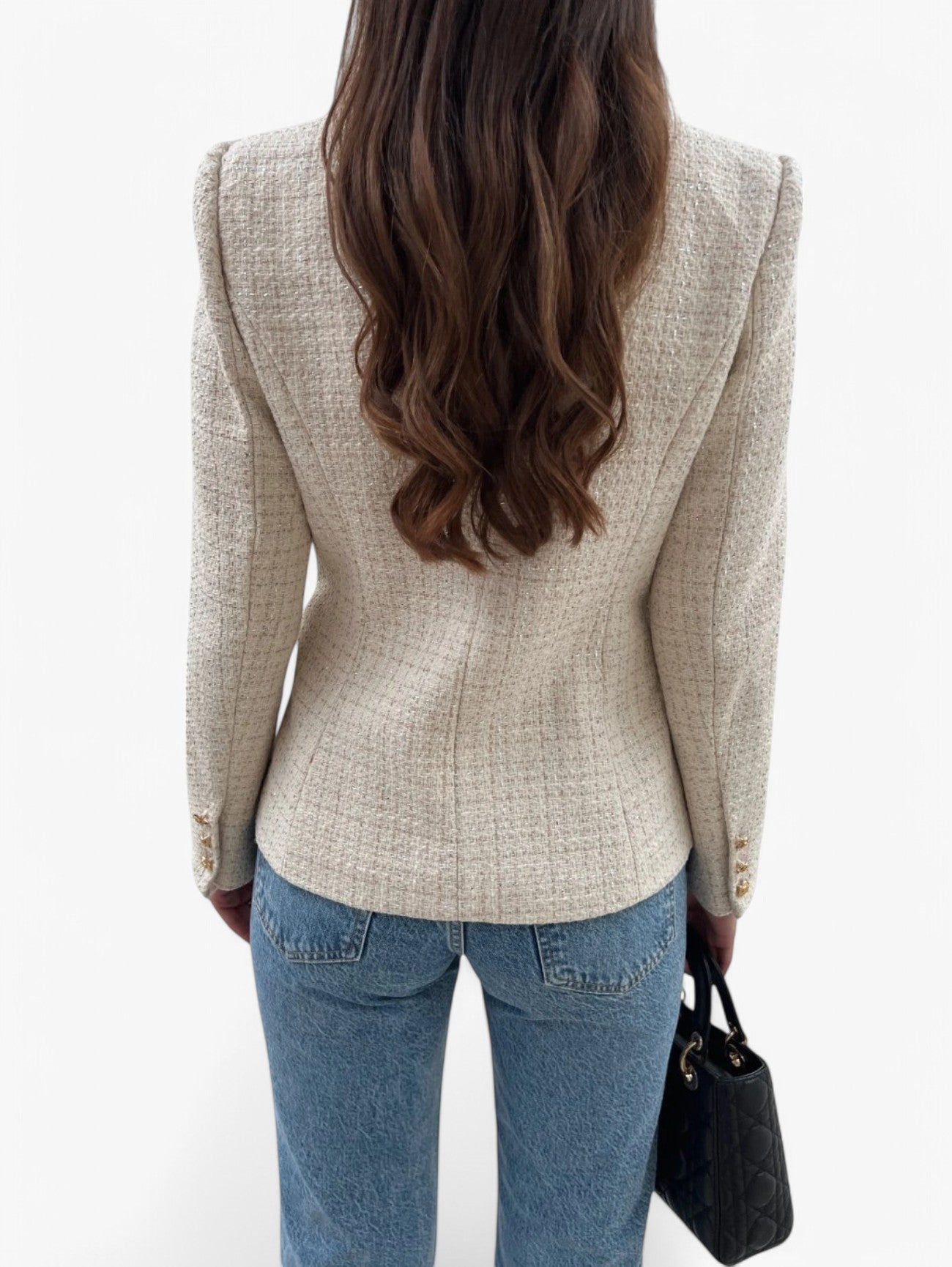 Figursydd tweedblazer dam med guldknappar