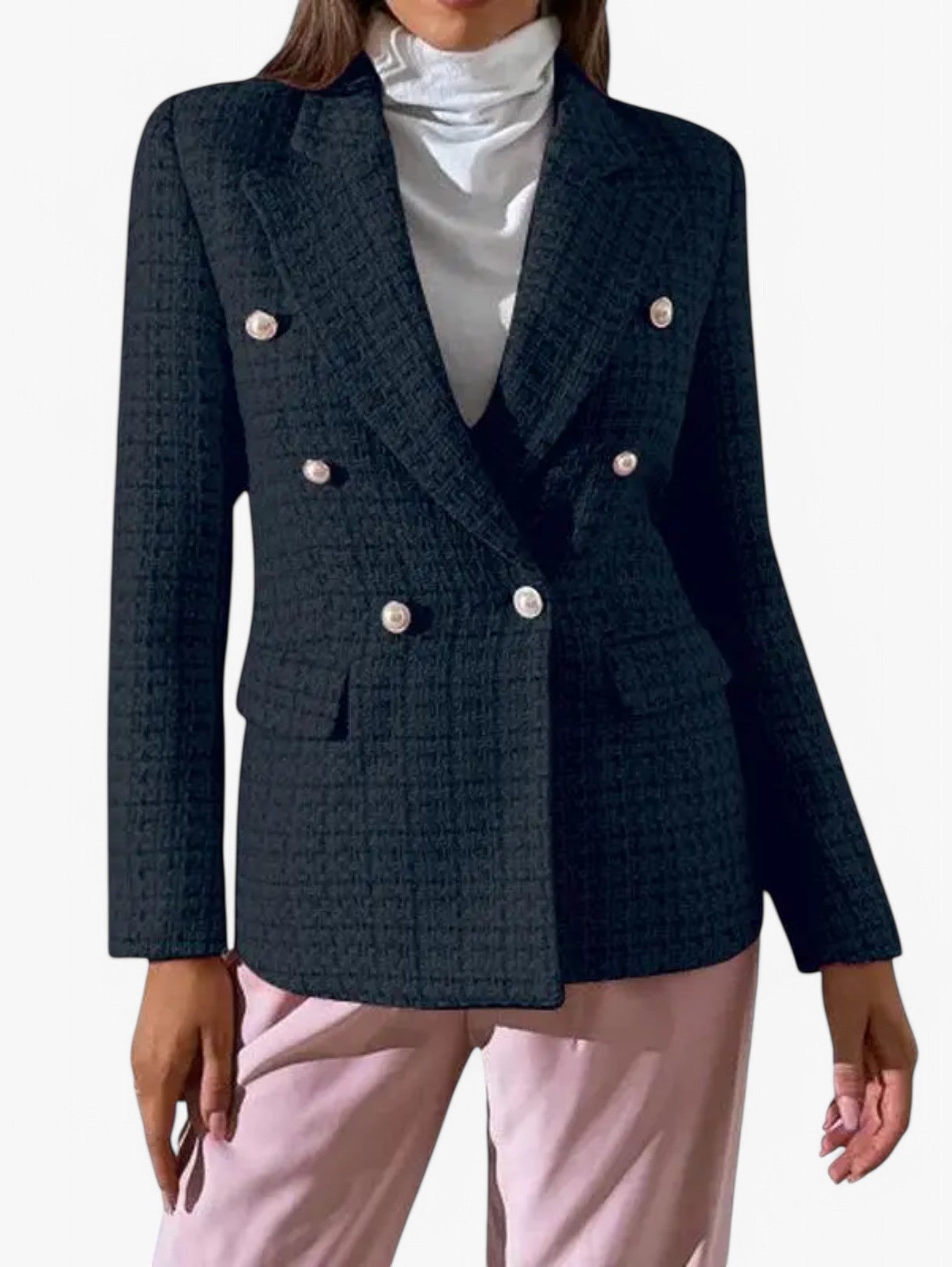 Figursydd tweedblazer dam med guldknappar