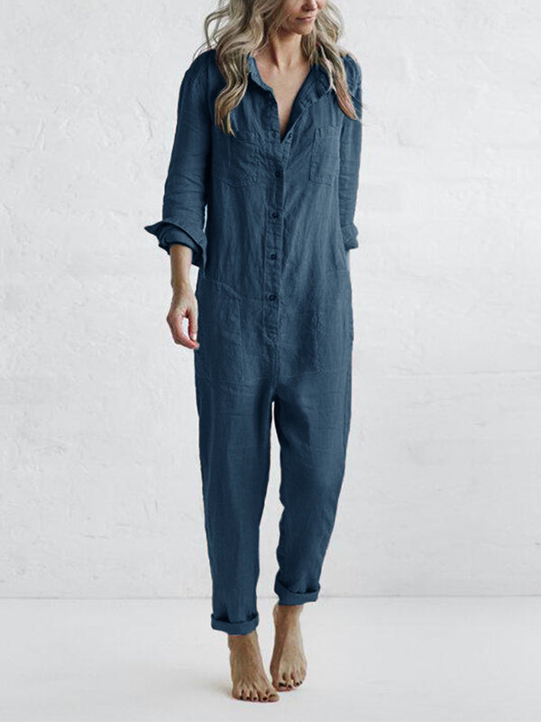 Långärmad jumpsuit dam i bomull med knappslå