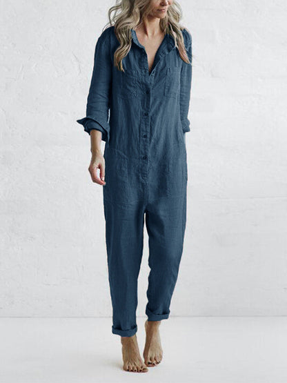 Långärmad jumpsuit dam i bomull med knappslå