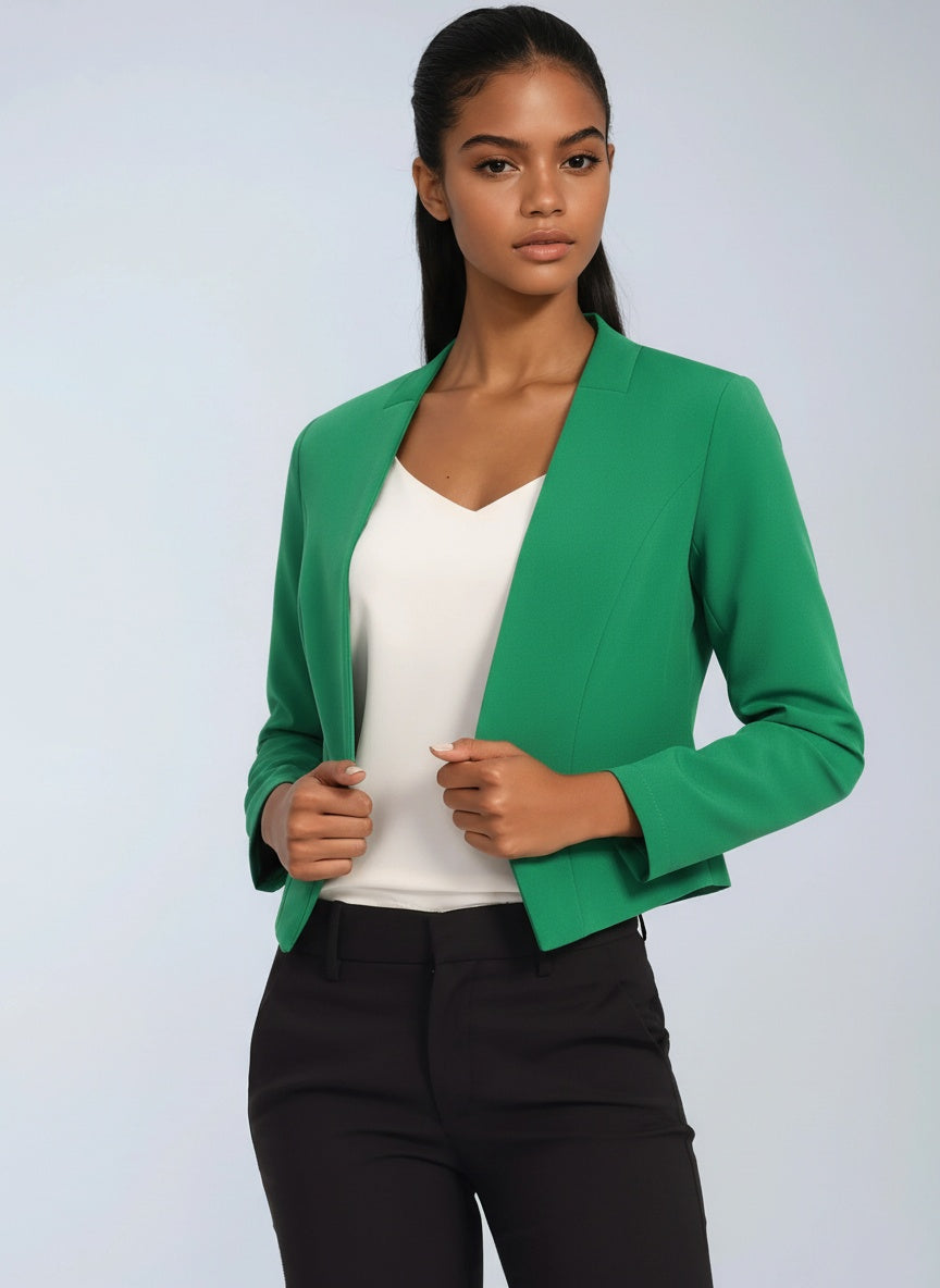 Kort kontorsblazer dam i polyester — figursydd blazer med öppen front
