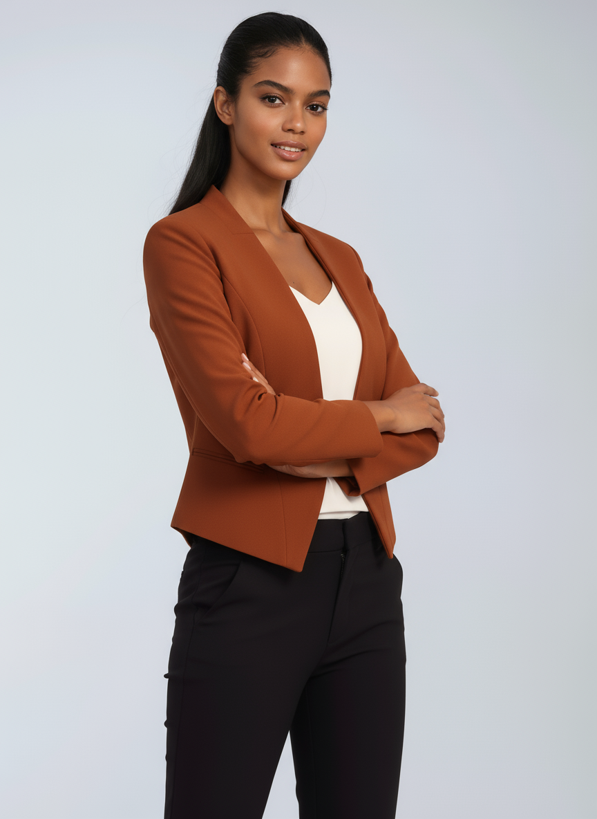 Kort kontorsblazer dam i polyester — figursydd blazer med öppen front