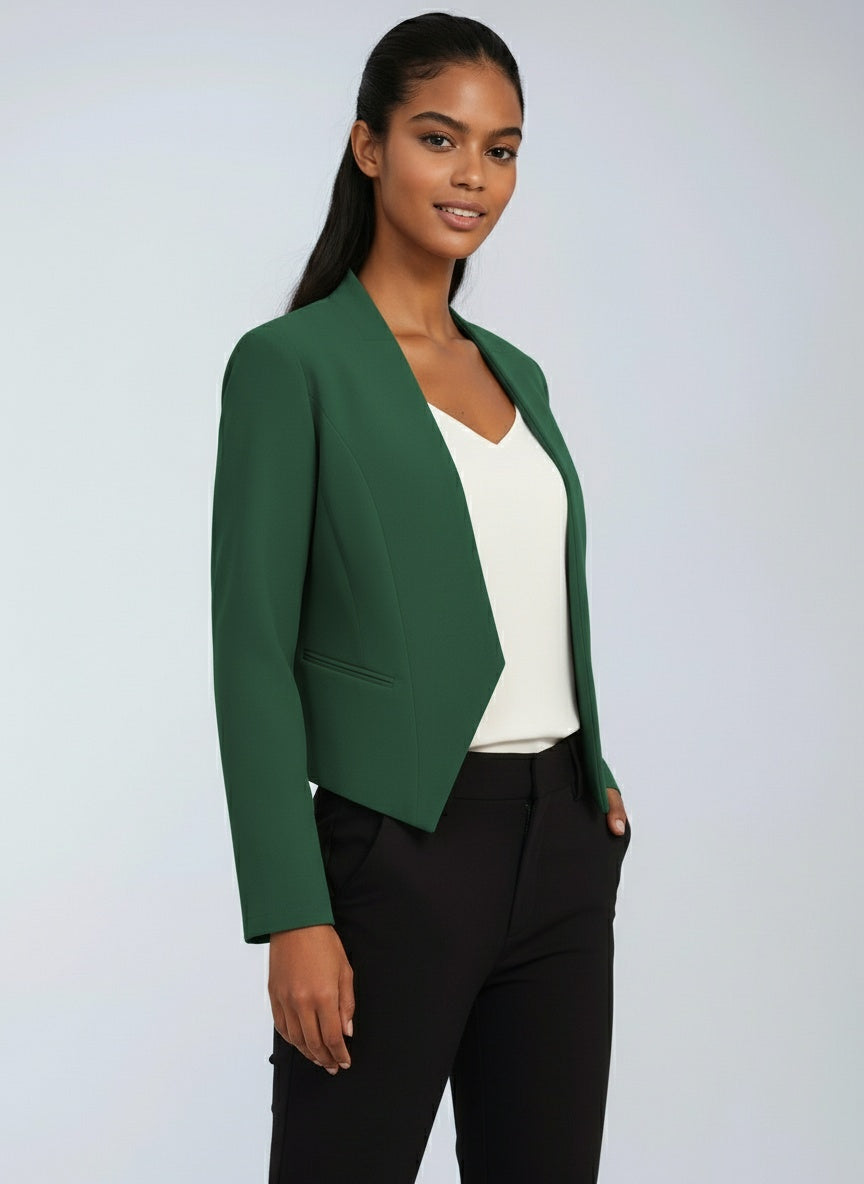 Kort kontorsblazer dam i polyester — figursydd blazer med öppen front