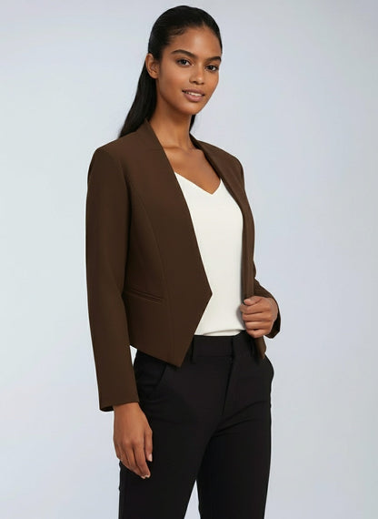 Kort kontorsblazer dam i polyester — figursydd blazer med öppen front