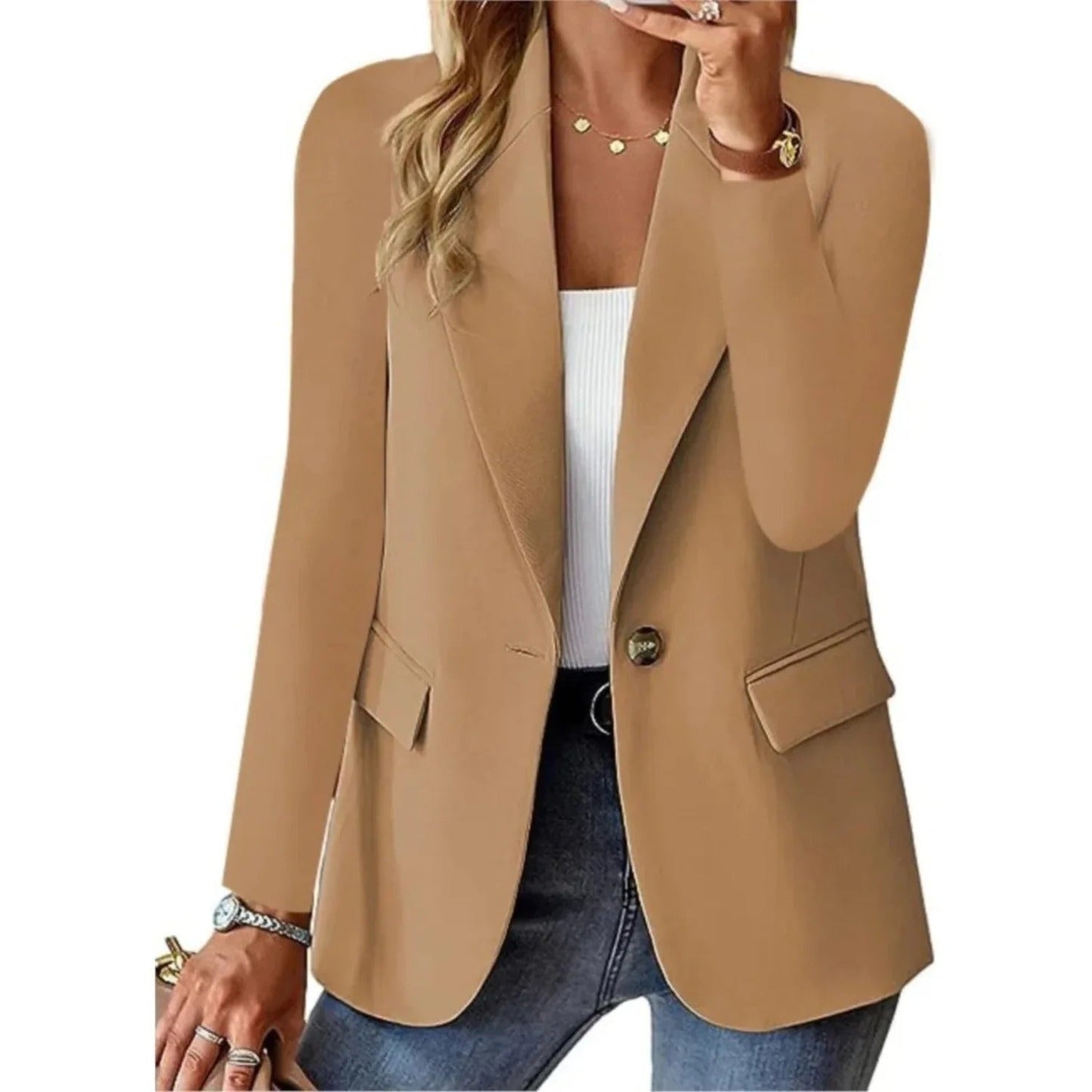 Elegant öppen blazer dam i polyester med avslappnad passform
