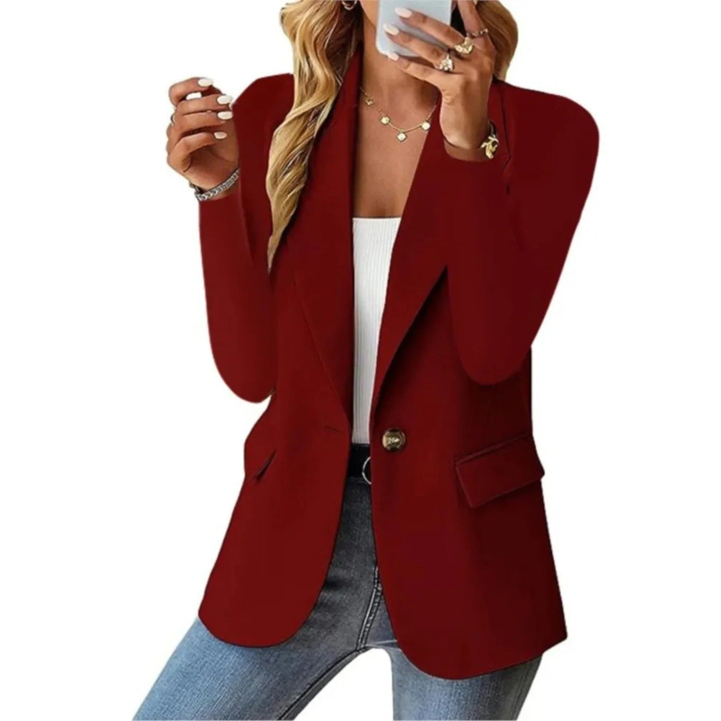 Elegant öppen blazer dam i polyester med avslappnad passform