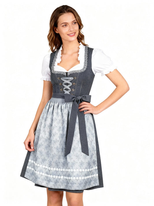 Dirndl dam i mörkgrått med matchande förkläde