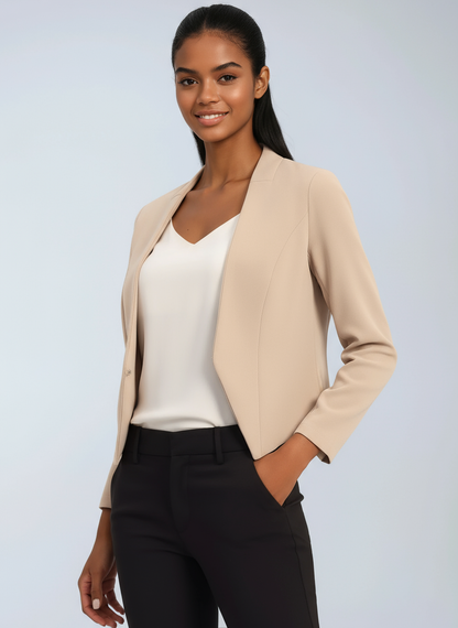Kort kontorsblazer dam i polyester — figursydd blazer med öppen front