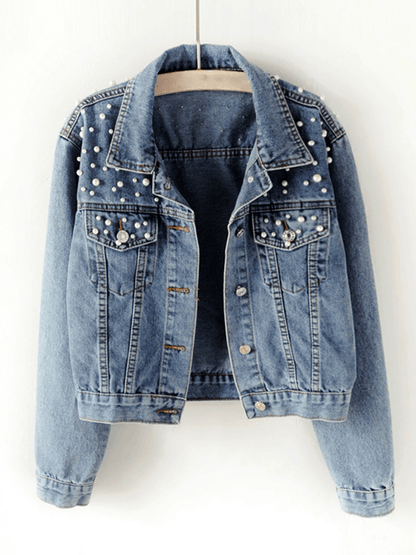 Oversized jeansjacka dam med strassdetaljer, blå