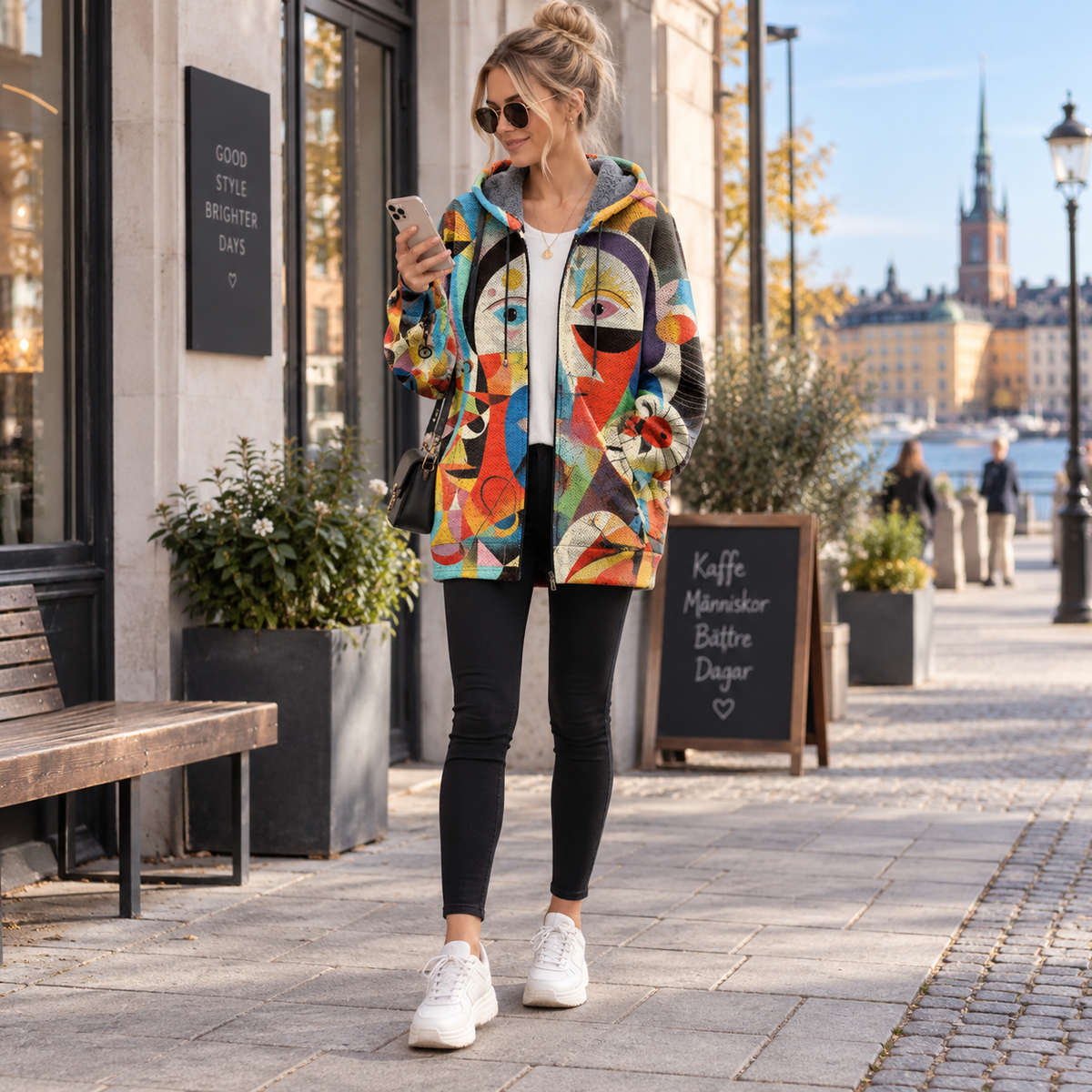Konstinspirerad hoodie dam — ledig huvtröja med färgstarkt tryck