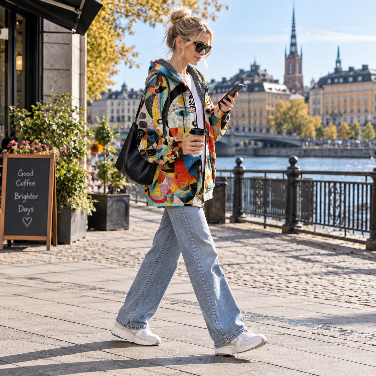 Konstinspirerad hoodie dam — ledig huvtröja med färgstarkt tryck