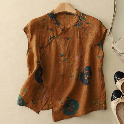 Vintage ärmlös topp dam med mandarinkrage