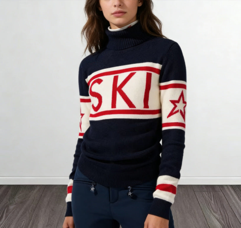 Sportig pullover dam med hög krage och skidmönster, blå