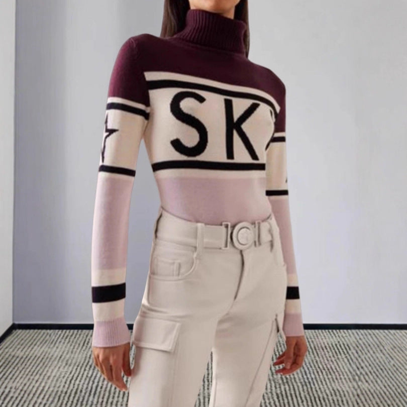 Stickad pullover dam med skidmönster