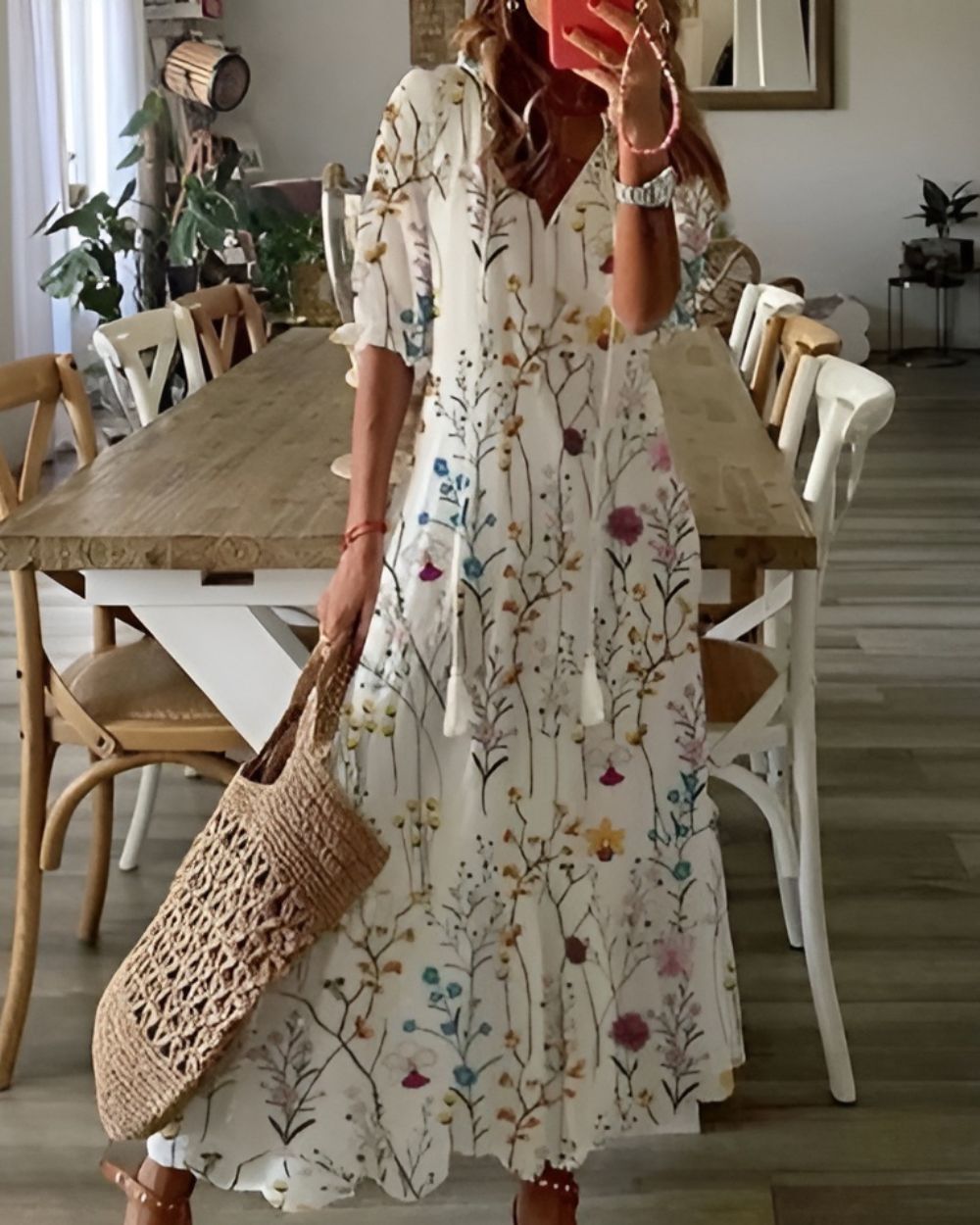 Bohemisk maxiklänning dam med tassel-detaljer
